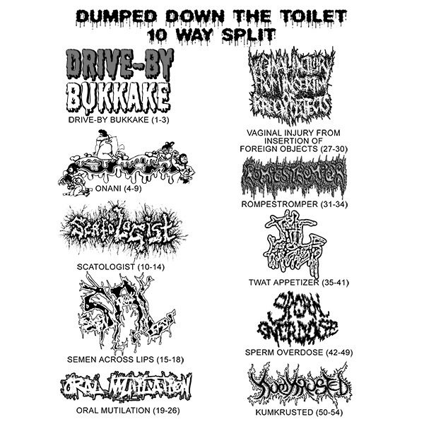 DBB - Dumped Down the Toilet 10 Way Split cover - Drive-By Bukkake - Worcester, MA - Thrash Grind Death Metal Band